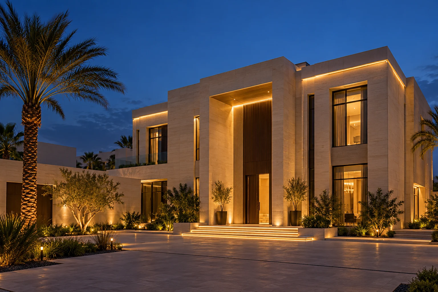 تصور معماري لفيلا معاصرة بإنارة خارجية دافئة عند الغروب